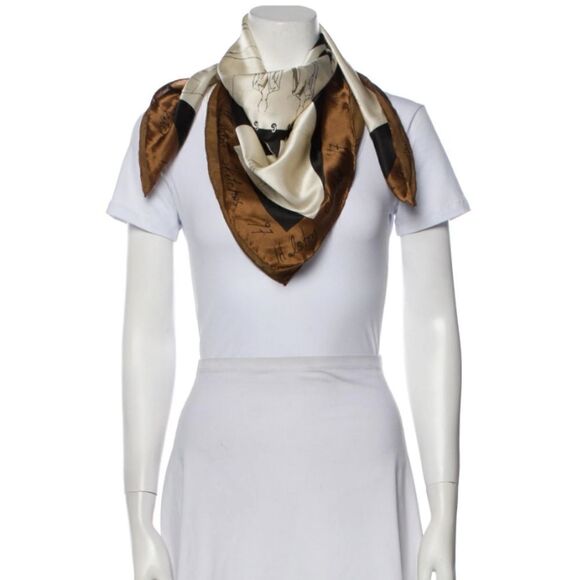 VINTAGE 90s Halston sketches 1997 silk hand rolled edges brown large scarf 32x32 - Picture 10 of 10